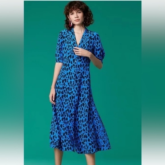 Diane Von Fustenberg Lily Cinch Sleeve Midi Dress in Blue Leopard Print Size 0 - Picture 1 of 5